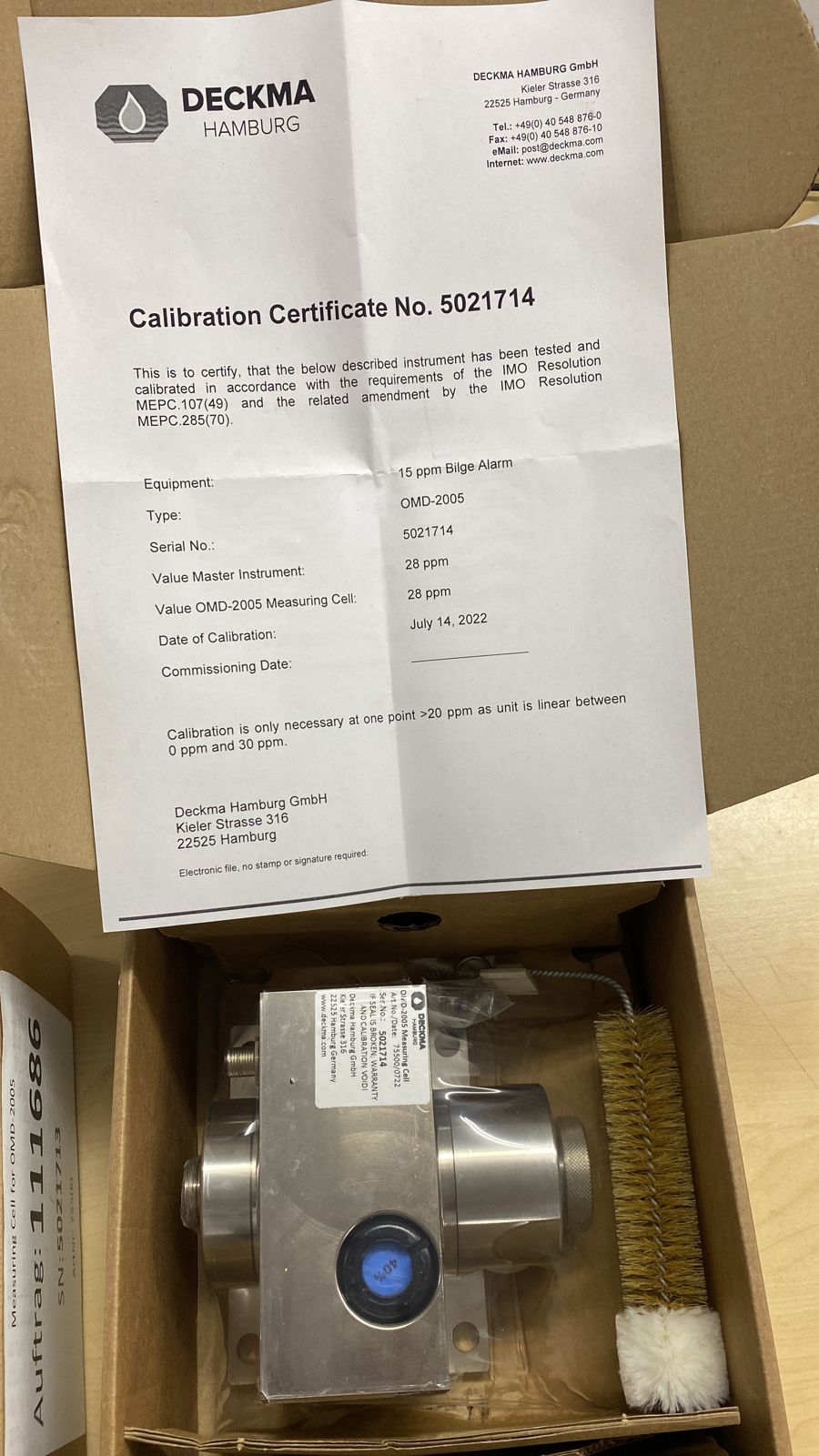Original New Genuine Deckma Hamburg Germany, 15ppm Bilge Monitor,  OMD-2005 Complete Unit   (Complete Monitor Controller Unit + Measuring Cell /Sensors)   Deckma Hamburg 15 PPM Bilge Alarm Monitor OMD-2005 New Units   includes 5 Years Validity Deckma Factory Calibration Certificate in compliance with IMO regulation MEPC 107(49)  Country of Origin: Germany  HS code: 90279000  , ExWorks Singapore