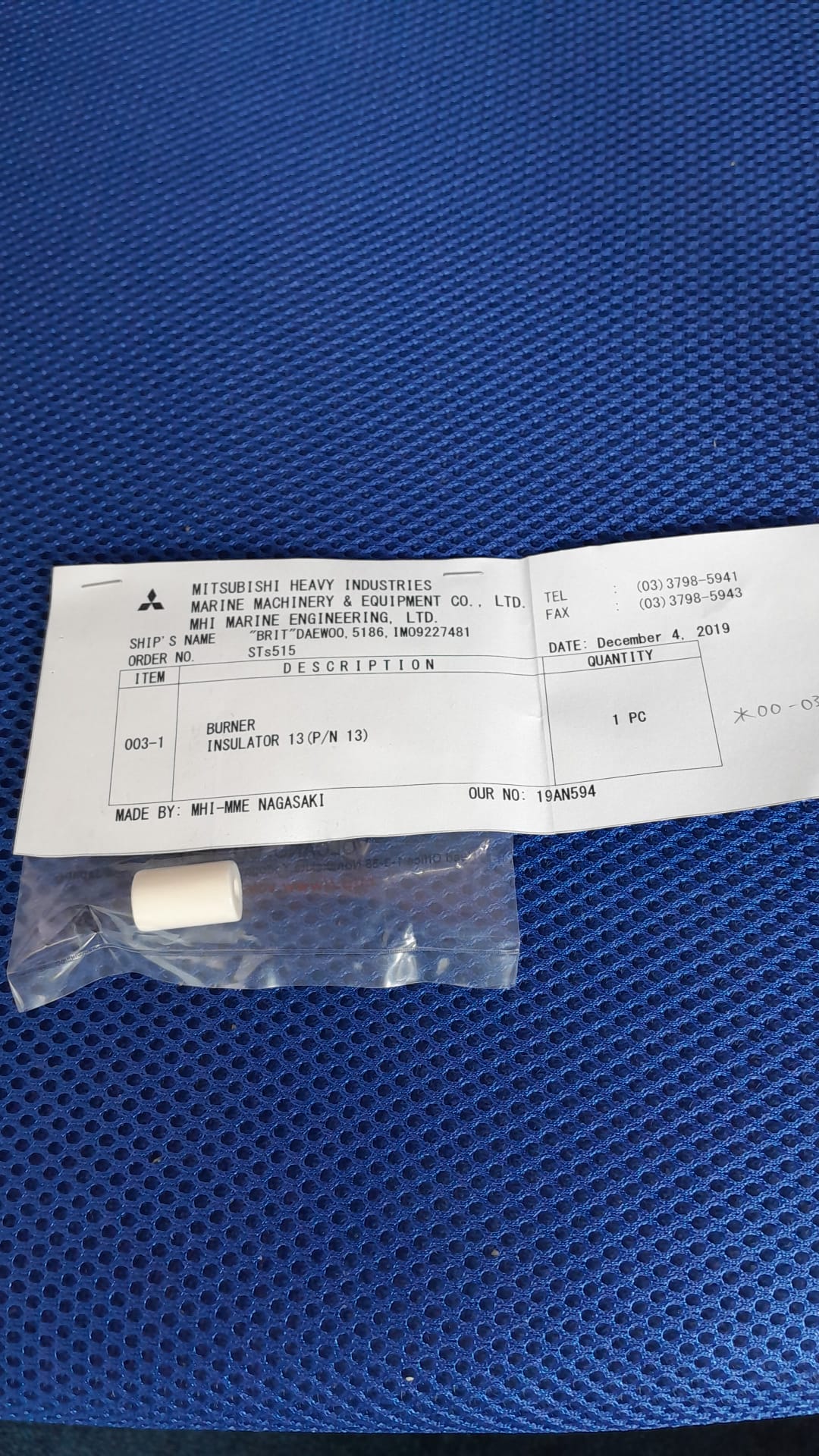 Insulator 13 for Burner. Mitsubishi Make, P/N 13